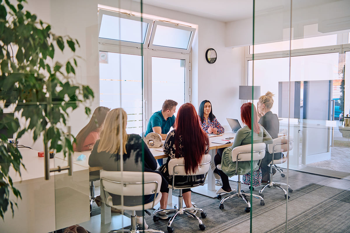 Modern meeting room with technology integration.